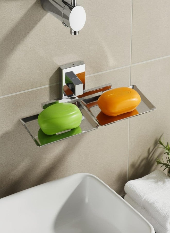 Well Set Stainless Steel Double Soap Dish Holder | Wall Mounted Chrome Finish Square Soap Stand for Bathroom & Kitchen | Rust-Resistant Bathroom Accessory for Home Use - Image 1